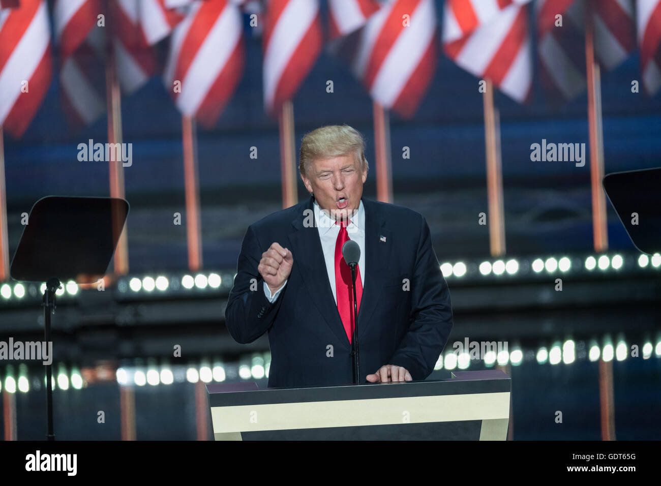 Cleveland, Ohio, USA. 21st July, 2016. GOP Presidential candidate Donald Trump accepts the party nomination for president on the final day of the Republican National Convention July 21, 2016 in Cleveland, Ohio. Credit:  Planetpix/Alamy Live News Stock Photo