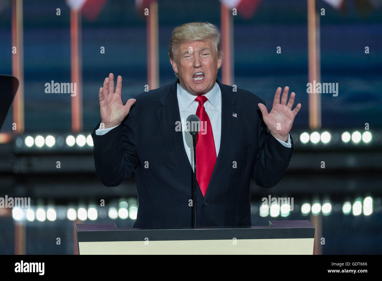 Cleveland, Ohio, USA. 21st July, 2016. GOP Presidential candidate Donald Trump accepts the party nomination for president on the final day of the Republican National Convention July 21, 2016 in Cleveland, Ohio. Credit:  Planetpix/Alamy Live News Stock Photo