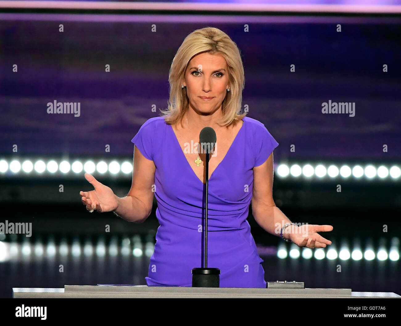 Cleveland, Us. 20th July, 2016. Laura Ingraham, Conservative Political Commentator, makes remarks at the 2016 Republican National Convention held at the Quicken Loans Arena in Cleveland, Ohio on Wednesday, July 20, 2016. Credit: Ron Sachs/CNP (RESTRICTION: NO New York or New Jersey Newspapers or newspapers within a 75 mile radius of New York City) - NO WIRE SERVICE - © dpa/Alamy Live News Stock Photo