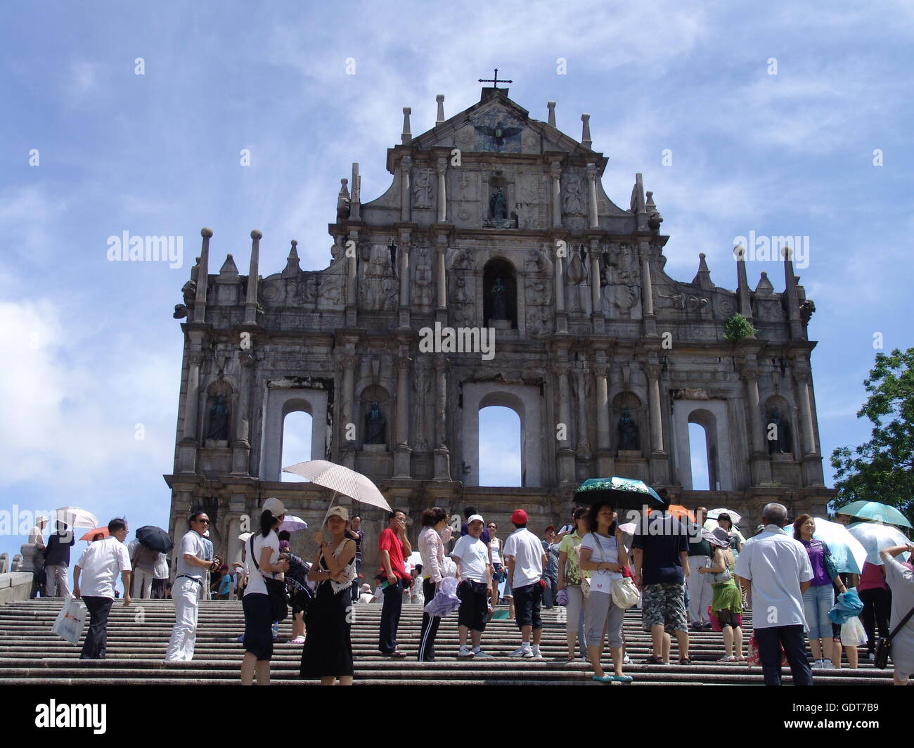 July 22, 2016 - Macau, Macau, China - Macau, China - July 22 2016: (EDITORIAL USE ONLY. CHINA OUT) The Ruins of St. Paul's (pinyin: DÂ¨Â¤sÂ¨Â¡nbÂ¨Â¡ PÂ¨Â¢ifÂ¨Â¡ng) are the ruins of a 16th-century complex in Macau including what was originally St. Paul's College and the Church of St. Paul also known as ''Mater Dei'', a 17th-century Portuguese church dedicated to Saint Paul the Apostle. Today, the ruins are one of Macau's best known landmarks. They are often, but incorrectly, mentioned as a former cathedral (see Macau Cathedral), a status they never had. In 2005, they were officially listed as p Stock Photo