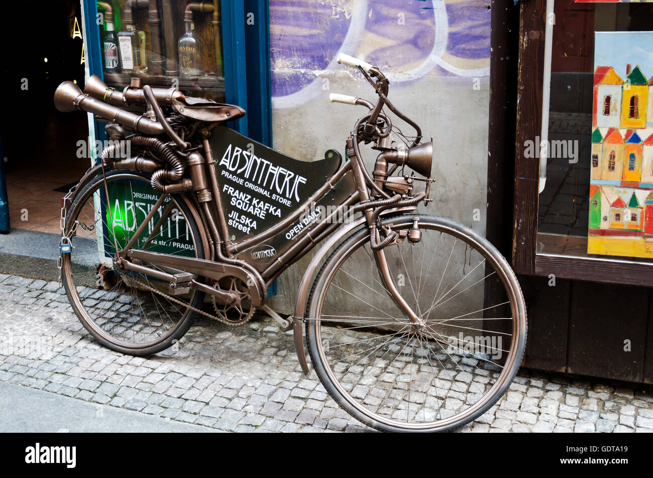 'Jet-powered bicycle' outside a drinks shop in Jilska Street in the centre of Prague (Praha) in the Czech Republic Stock Photo