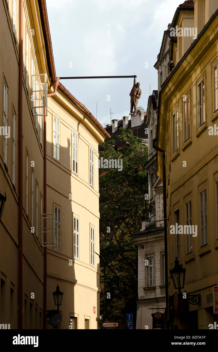 The Hanging statue of Sigmund Freud in the centre of Prague (Praha) in