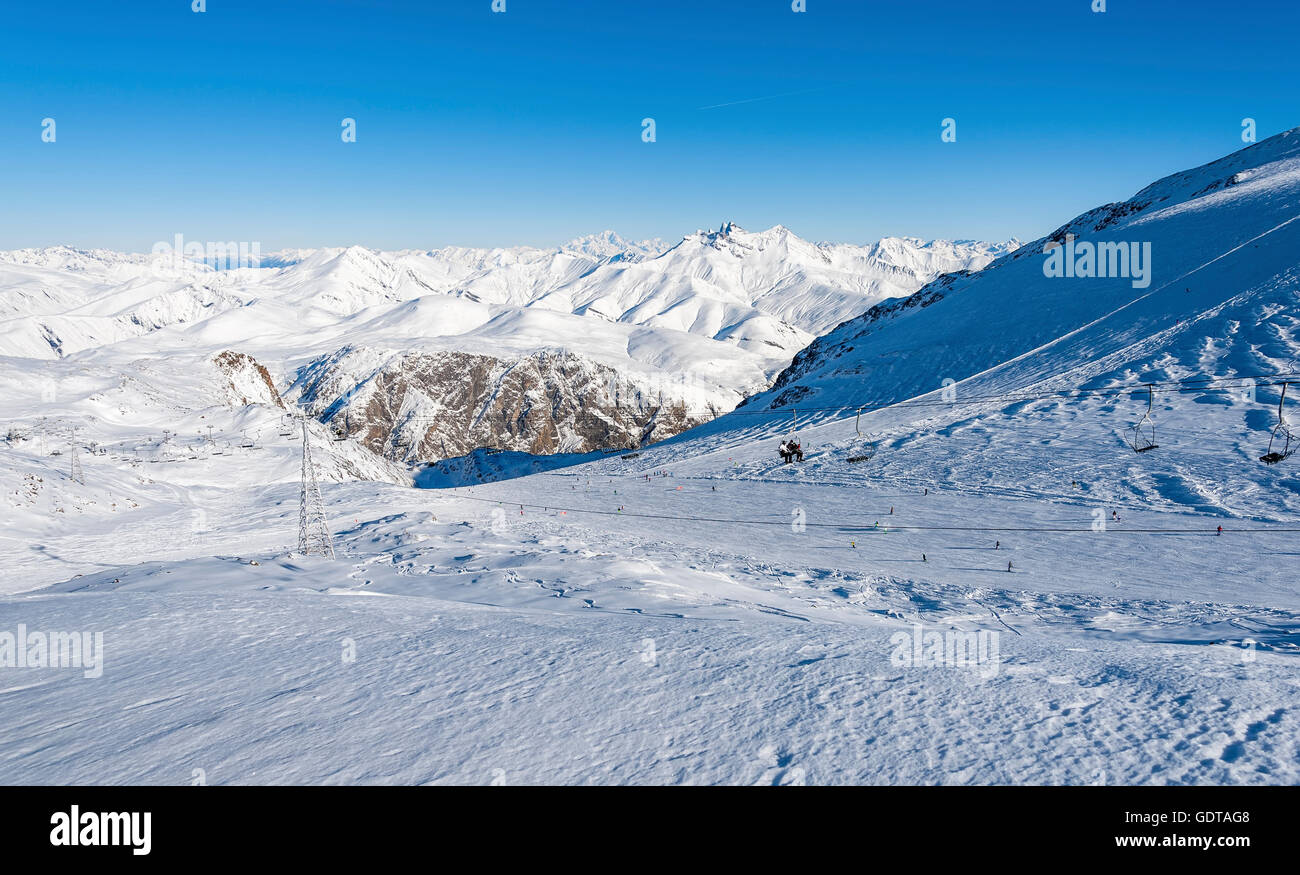 ski slopes and lifts with the 'Mont Blanc' in background, ski resort 'Les Deux Alpes, Alps, France Stock Photo