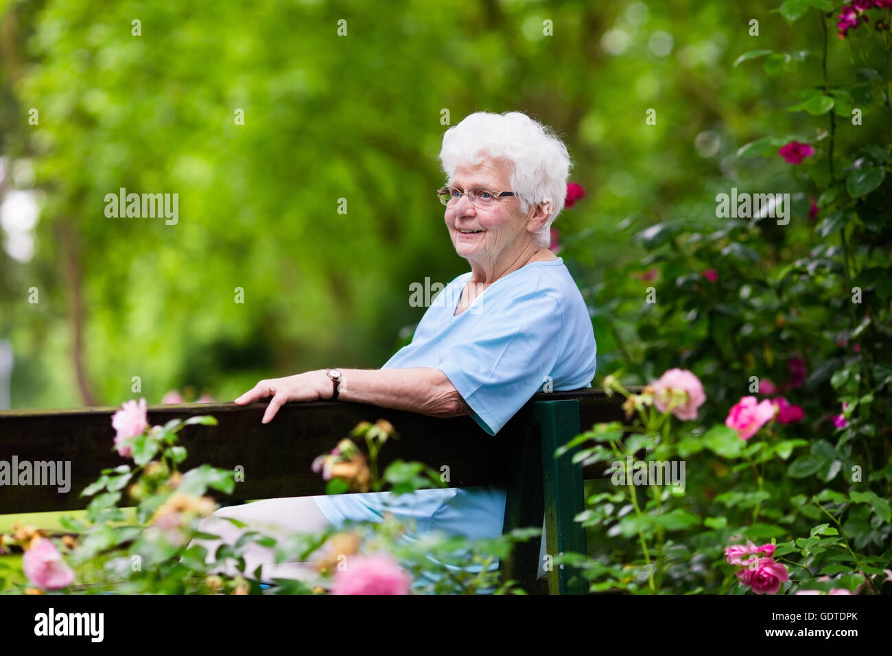 Happy senior handicapped lady with a walking disability enjoying a walk in a sunny park pushing her walker or wheel chair Stock Photo