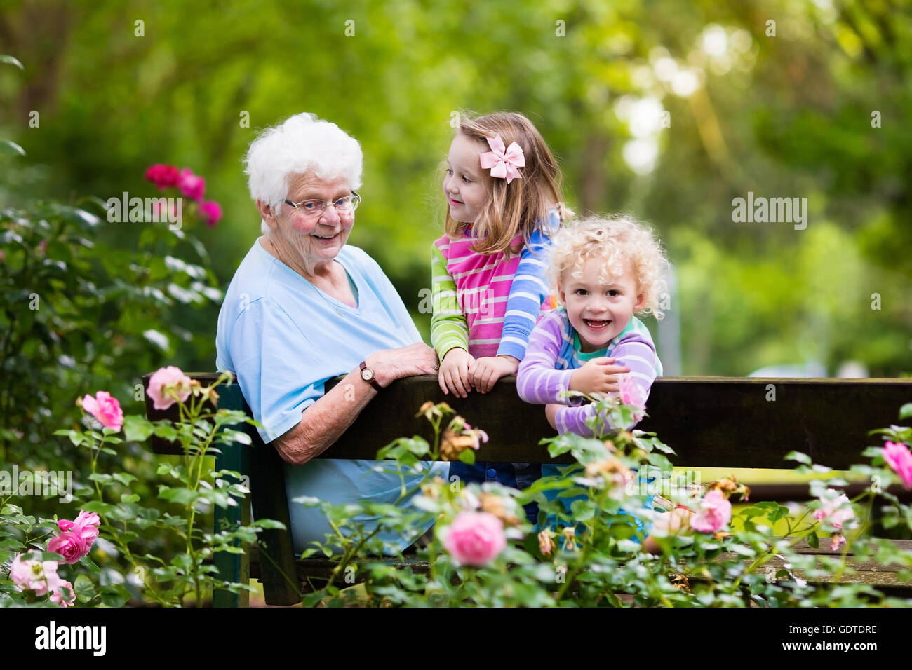 Happy senior lady playing with little boy and girl in blooming rose garden. Grandmother with grand children sitting on a bench Stock Photo