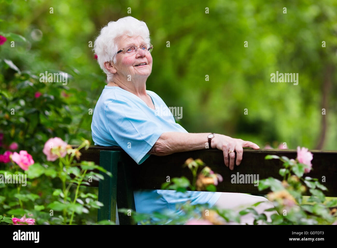 Happy senior handicapped lady with a walking disability enjoying a walk in a sunny park pushing her walker or wheel chair Stock Photo