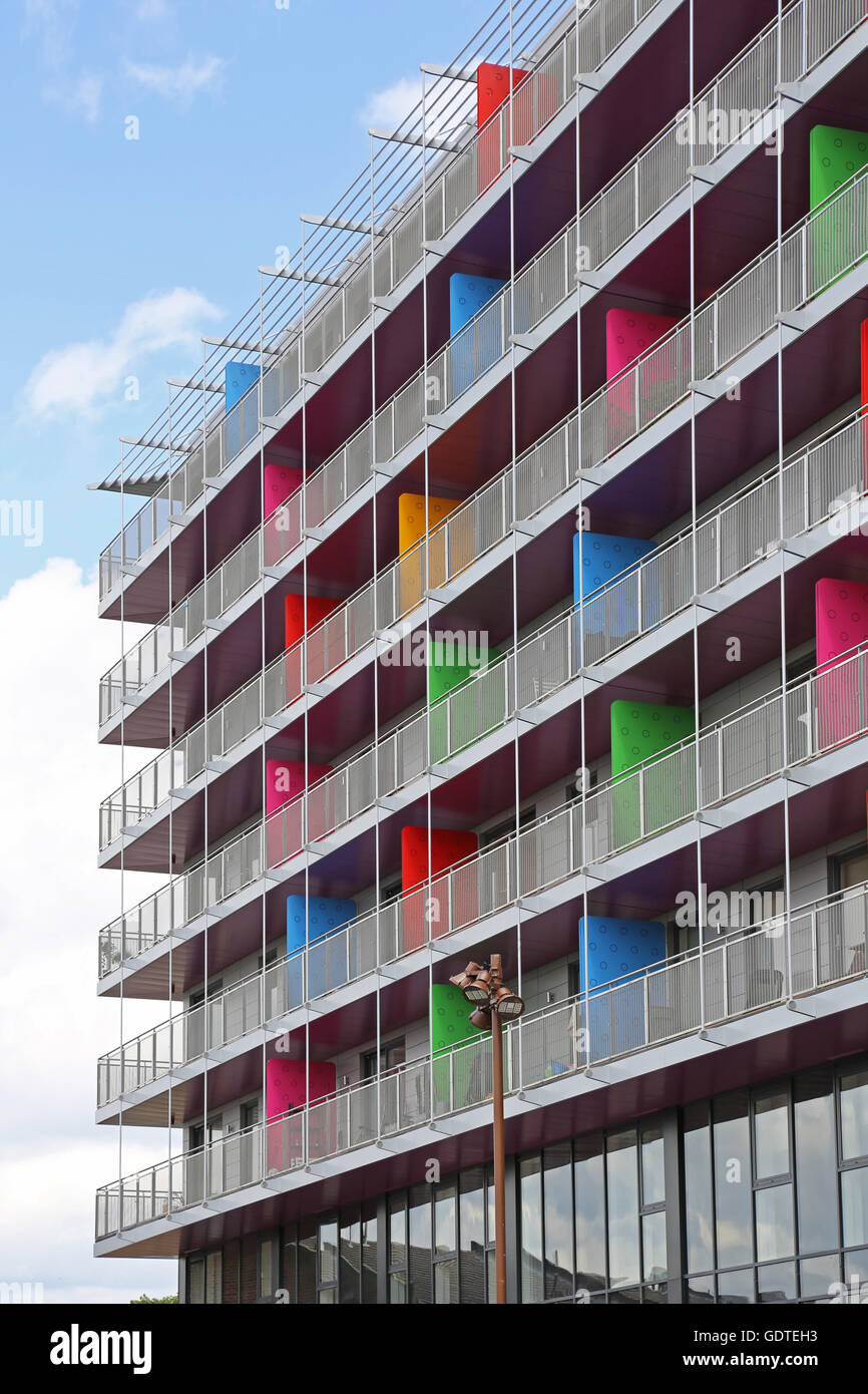 Deptford Market Yard. Residential development in newly fashionable Deptford, southeast London.Shows multi-coloured wall panels Stock Photo