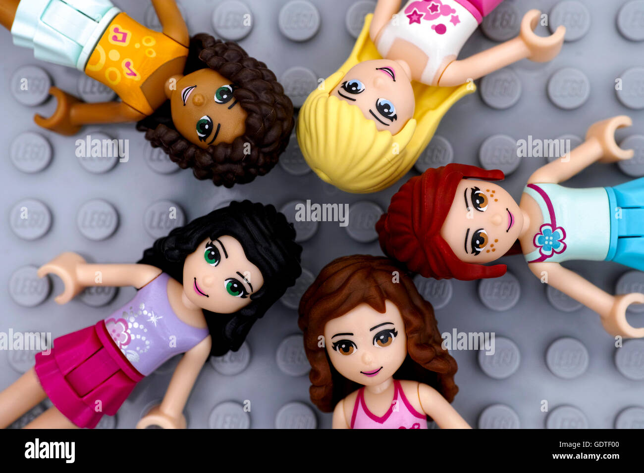 Tambov, Russian Federation - July 06, 2016 Five Lego Friends girl  minifdolls - Andrea, Mia, Olivia, Stephanie, Emma Stock Photo - Alamy
