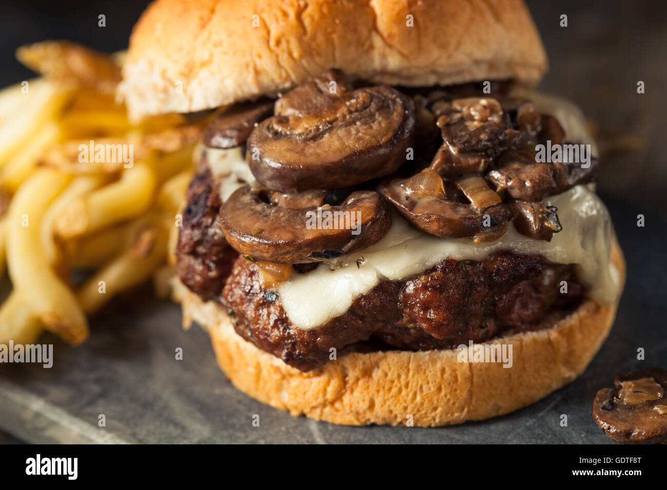Mushroom and swiss cheese burger hires stock photography and images