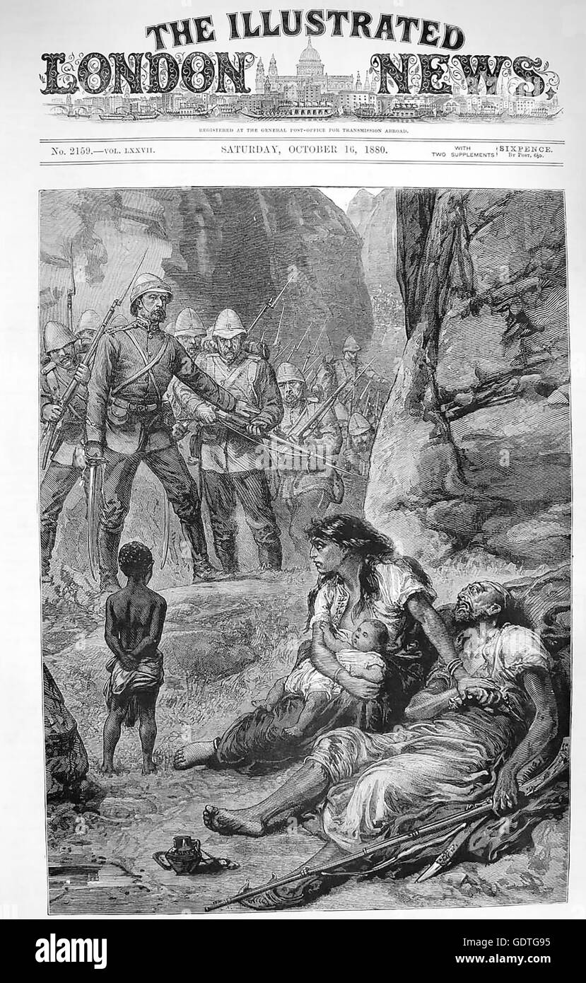 AN INCIDENT IN THE AFGHAN WAR  Front cover of the Illustrated London News 16 October 1880 showing an British officer restraining his men from shooting a wounded Afghan fighter being comforted by his wife during the Second Anglo-Afghan War (1878-81) Stock Photo