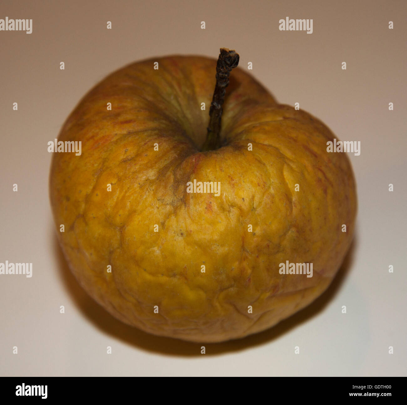 Golden Delicious apple left to dehydrate demonstrating wrinkles similar to aging human skin Stock Photo