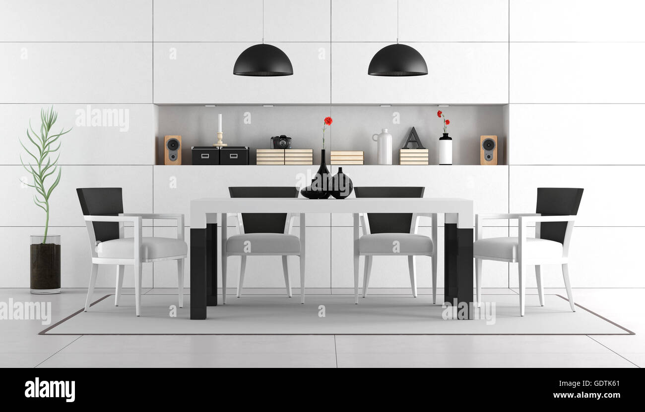 Black and white dining room with table,chairs and niche with objects - 3d rendering Stock Photo