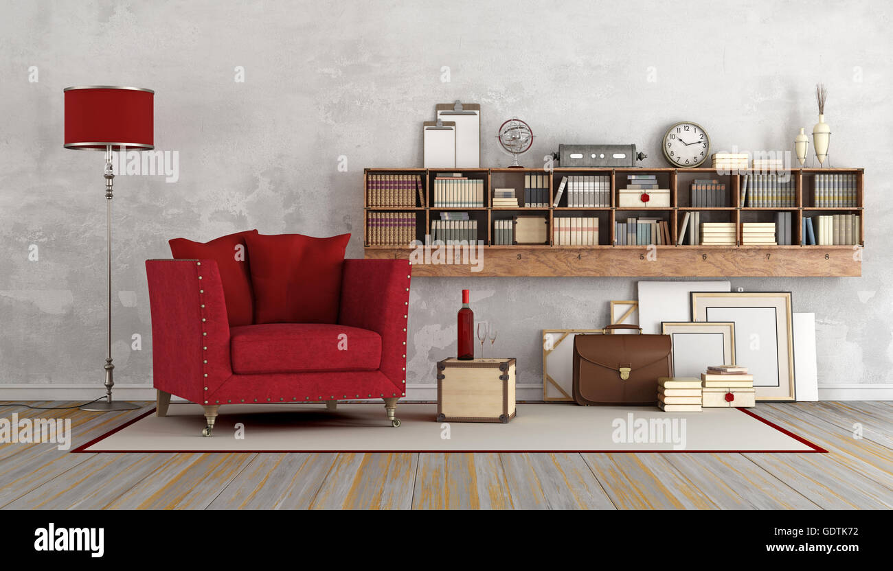 Vintage living room with red armchair and wooden book case with books and decor objects - 3D Rendering Stock Photo