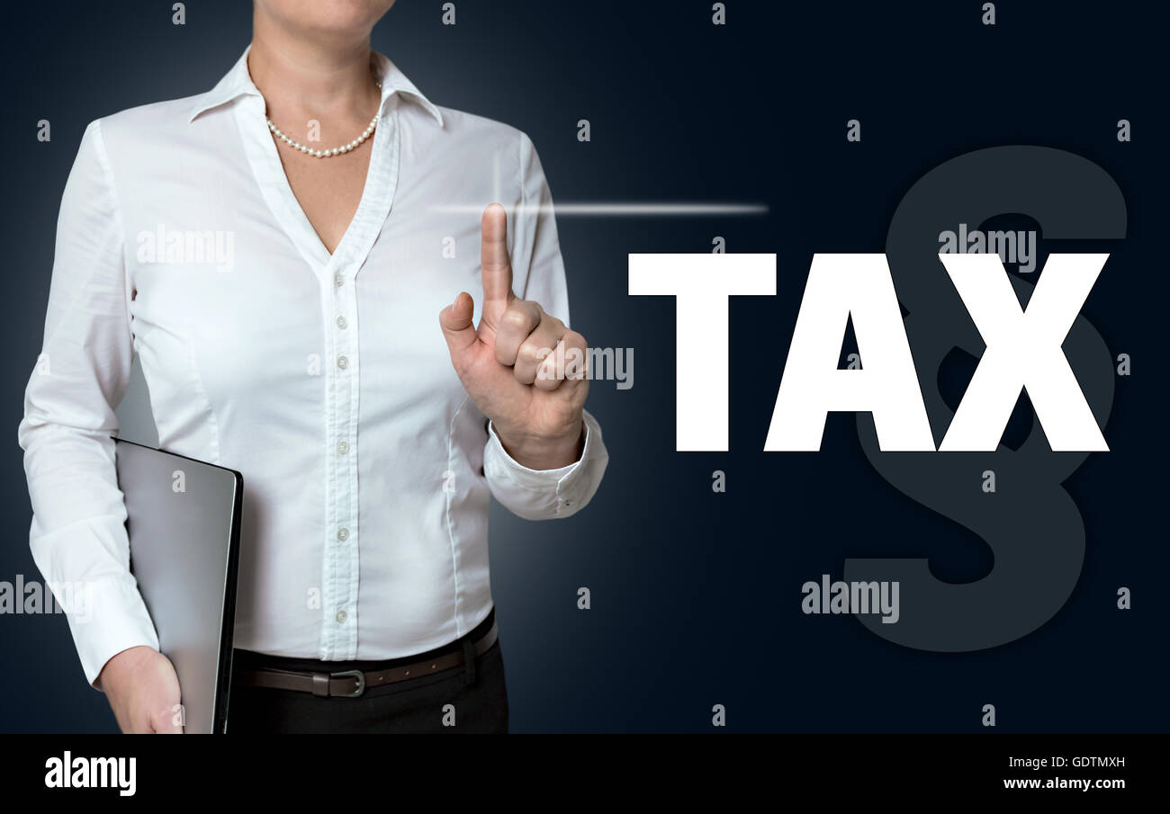 tax touchscreen is operated by businesswoman. Stock Photo