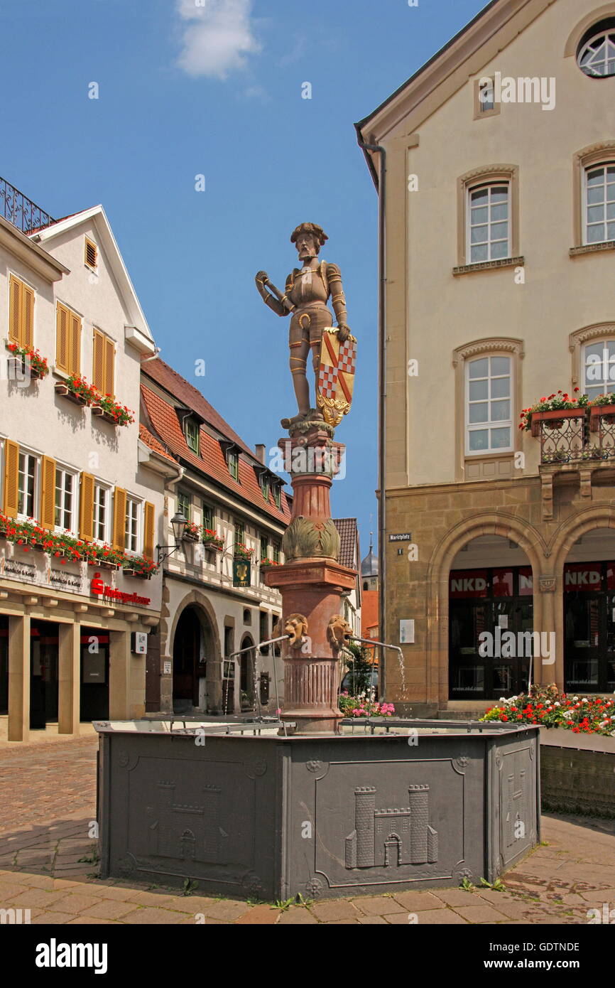 geography / travel, Germany, Baden-Wuerttemberg, Besigheim, old town, pedestrian precint, marketplace, fountain, Stock Photo
