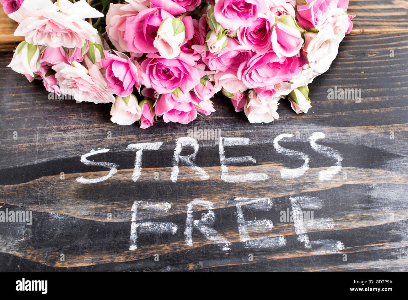 Words Stress Free with Pink Roses on a Rustic Wooden Background Stock ...