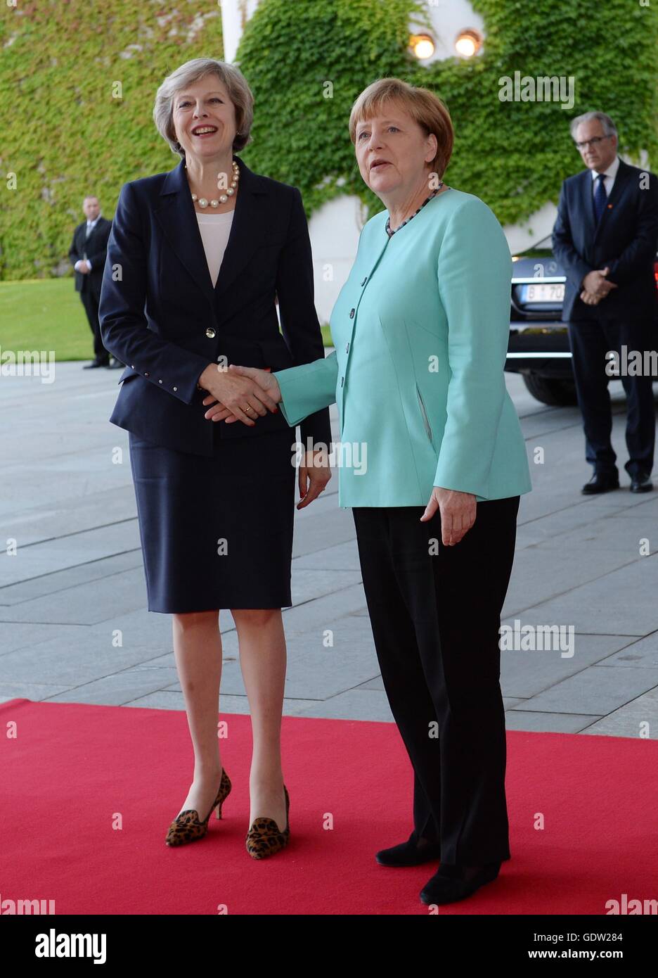 Prime Minister Theresa May meets German Chancellor Angela Merkel at the Chancellery in Berlin for talks. Stock Photo