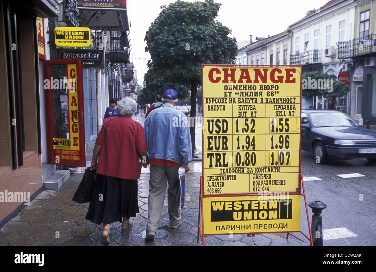 a money change shop in the city of Veliko Tarnovo in the north of Bulgaria in east Europe. Stock Photo