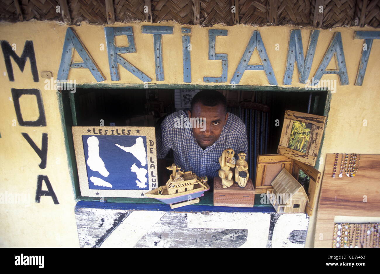 a Shop in the city of Moutsamudu on the Island of Anjouan on the Comoros Ilands in the Indian Ocean in Africa. Stock Photo