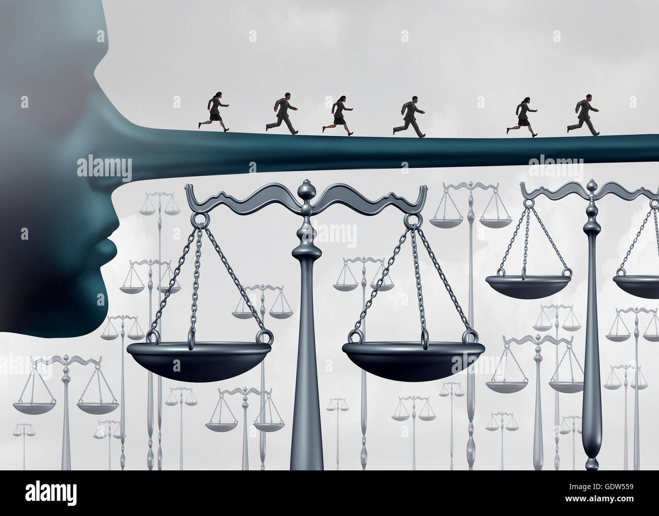 Above the law and unfair advantages concept or committing perjury symbol as a group of culprits escaping justice by running on a long liar nose over law scales as a rigged system metaphor for corruption and fraud or lack of integrity with 3D illustration Stock Photo