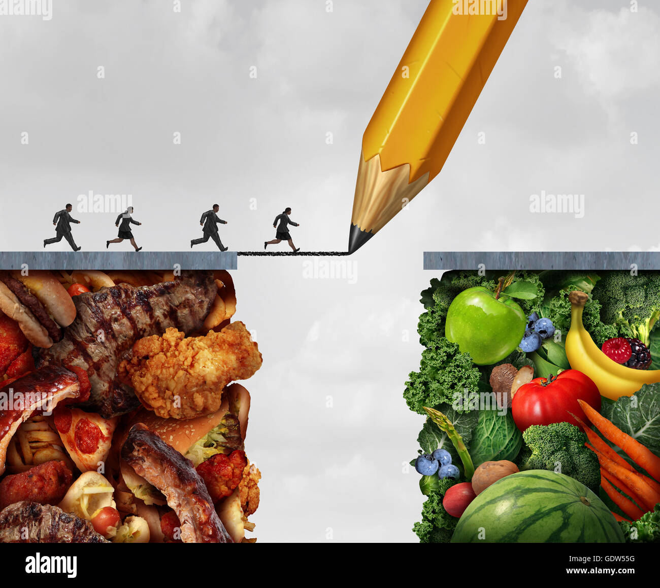 Changing to vegan and making a transition to vegetarian eating lifestyle as a group of overweight people running across a pencil drawing bridge from meat and greasy junk food towards fresh fruit and vegetables with 3D illustration elements. Stock Photo