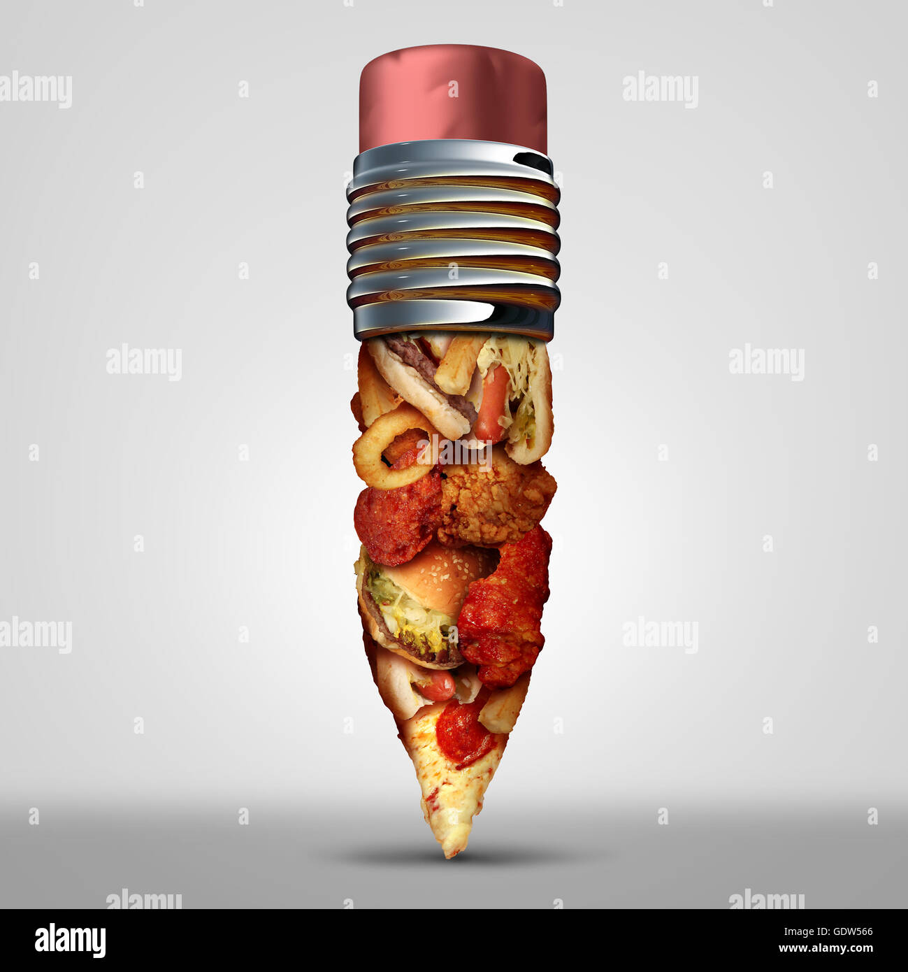 Eating fat education idea and diet plan problems or obesity crisis in the school concept as a heap of unhealthy fast food shaped as a pencil as a nutrition risk symbol for the youth with 3D illustration elements. Stock Photo