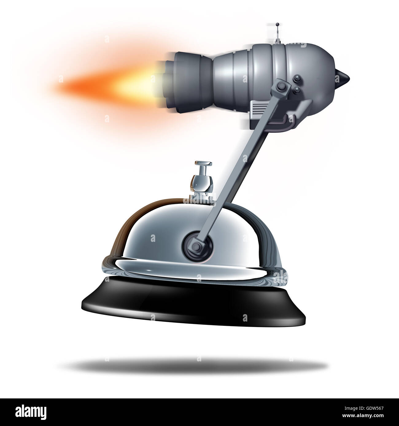 Fast service symbol as a service bell being transported by a rocket jet engine as a quick customer support business symbol as a Stock Photo