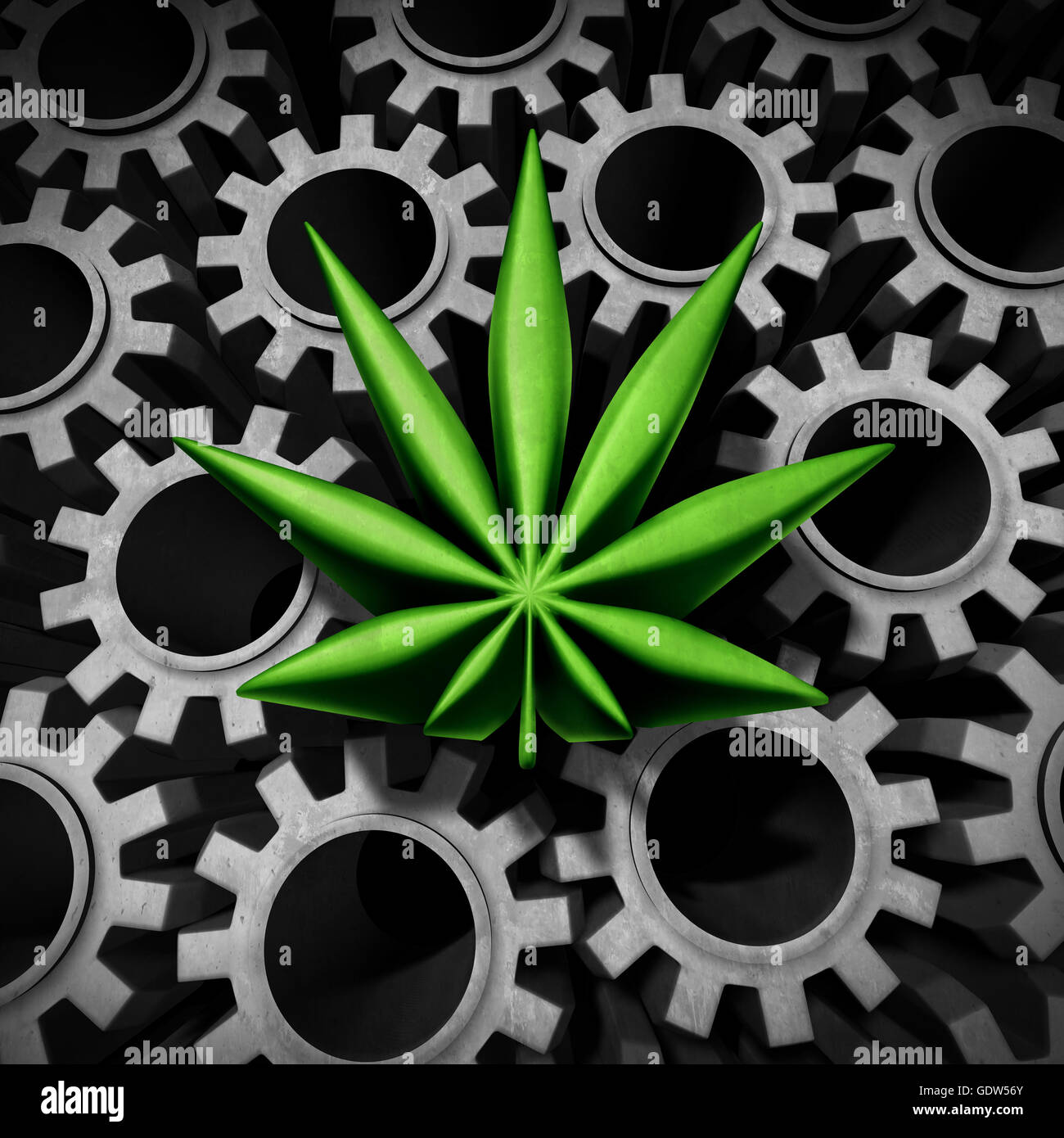 Marijuana industry and legal cannabis business concept as a 3D illustration leaf turning the gears and economic engine of a new Stock Photo