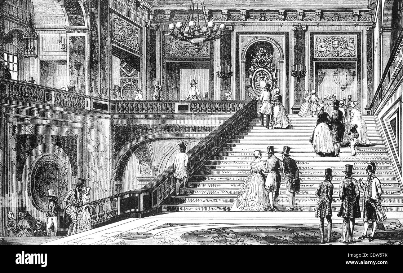 18th Century sketch of the marble staircase in Château de Versailles or the Palace of Versailles, built some 20 km (12 miles) southwest of the centre of Paris. when Louis XIV moved the royal court from Paris,  it was the seat of political power in the Kingdom of France until the royal family was forced to return to the capital in October 1789, three months after the beginning of the French Revolution. Stock Photo