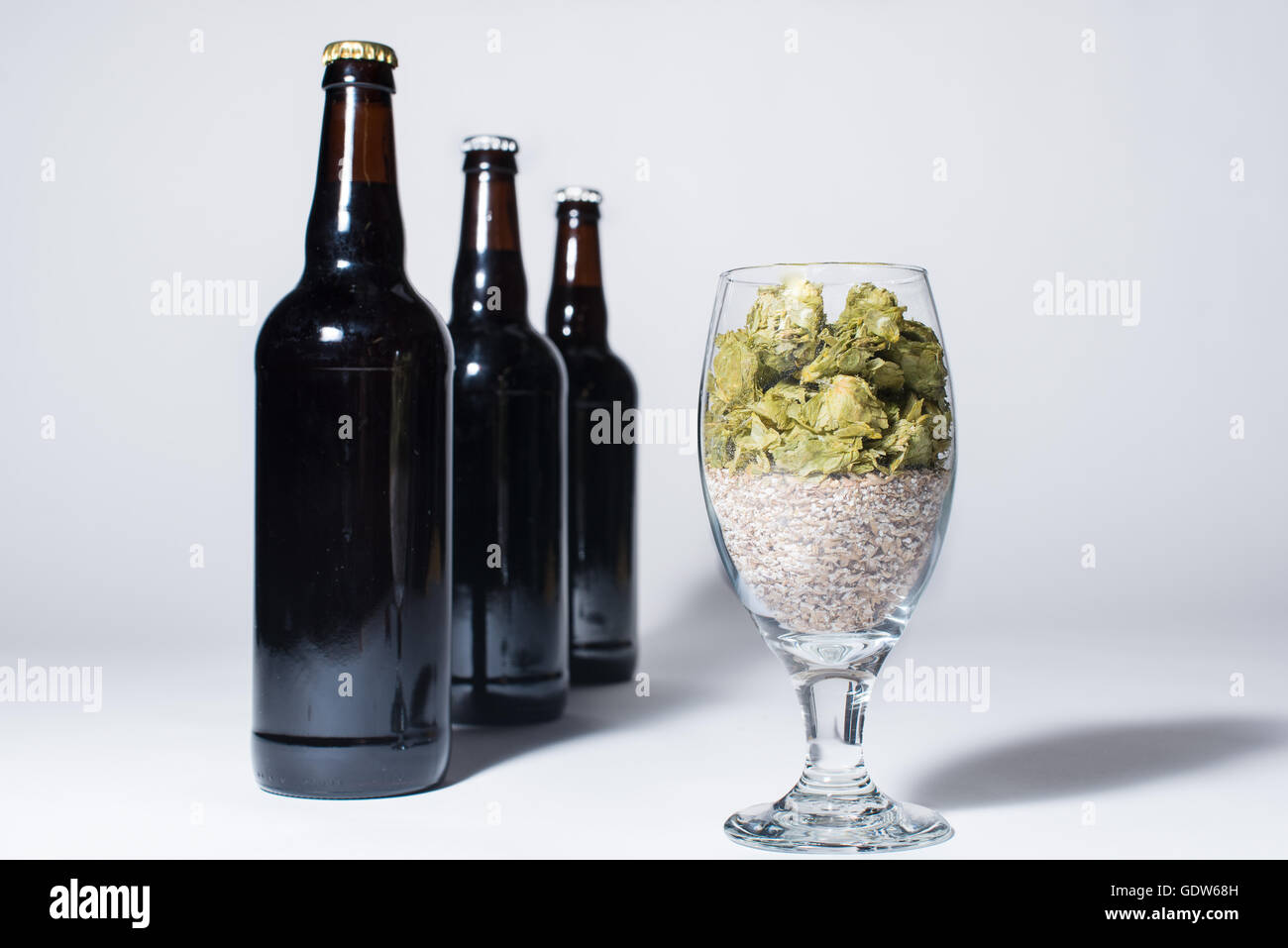 Homebrewing craft beer raw ingredients hops and grains Stock Photo