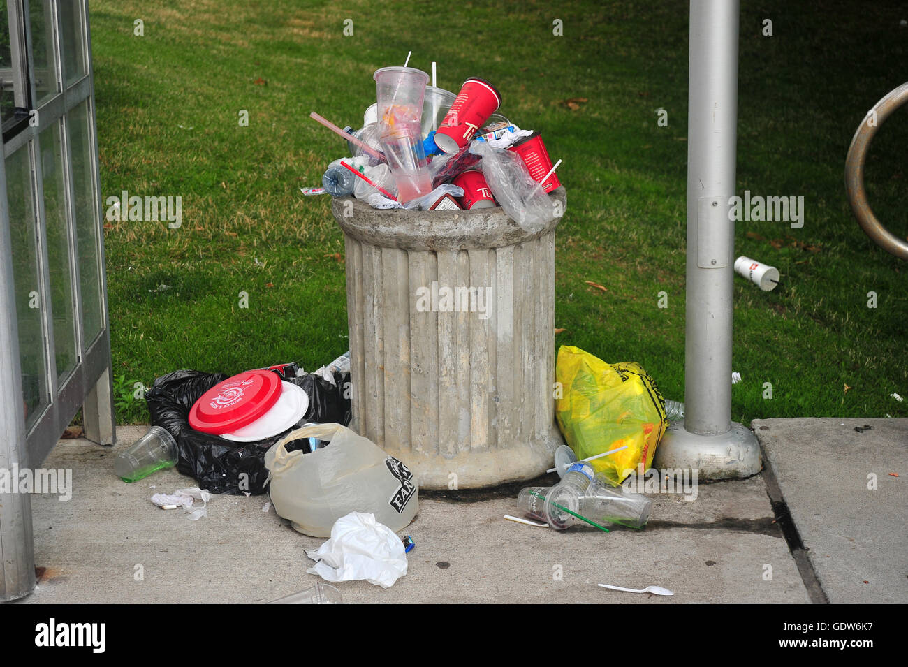 An overflowing rubbish bin at a public event in the Canadian city of