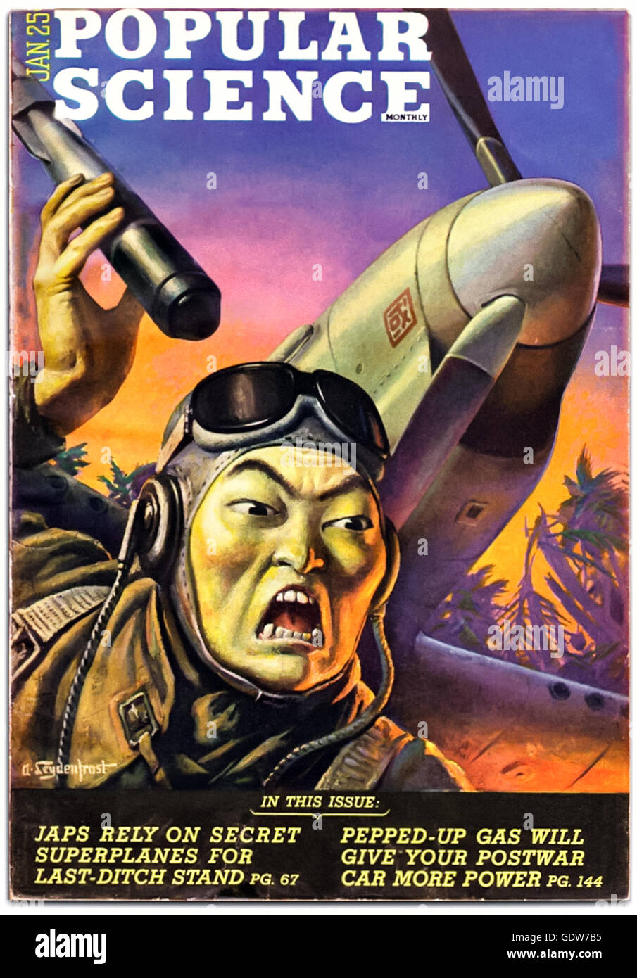 Front cover of “Popular Science” January 1945, typical of WW2 anti-Japanese propaganda depicting the “Yellow Peril”, exaggerated teeth and skin colour added to the menacing Imperial Japanese pilot holding a Type 2 - 1/3 kg H.E.A.T. Cluster Bomb. See description for more information. Stock Photo