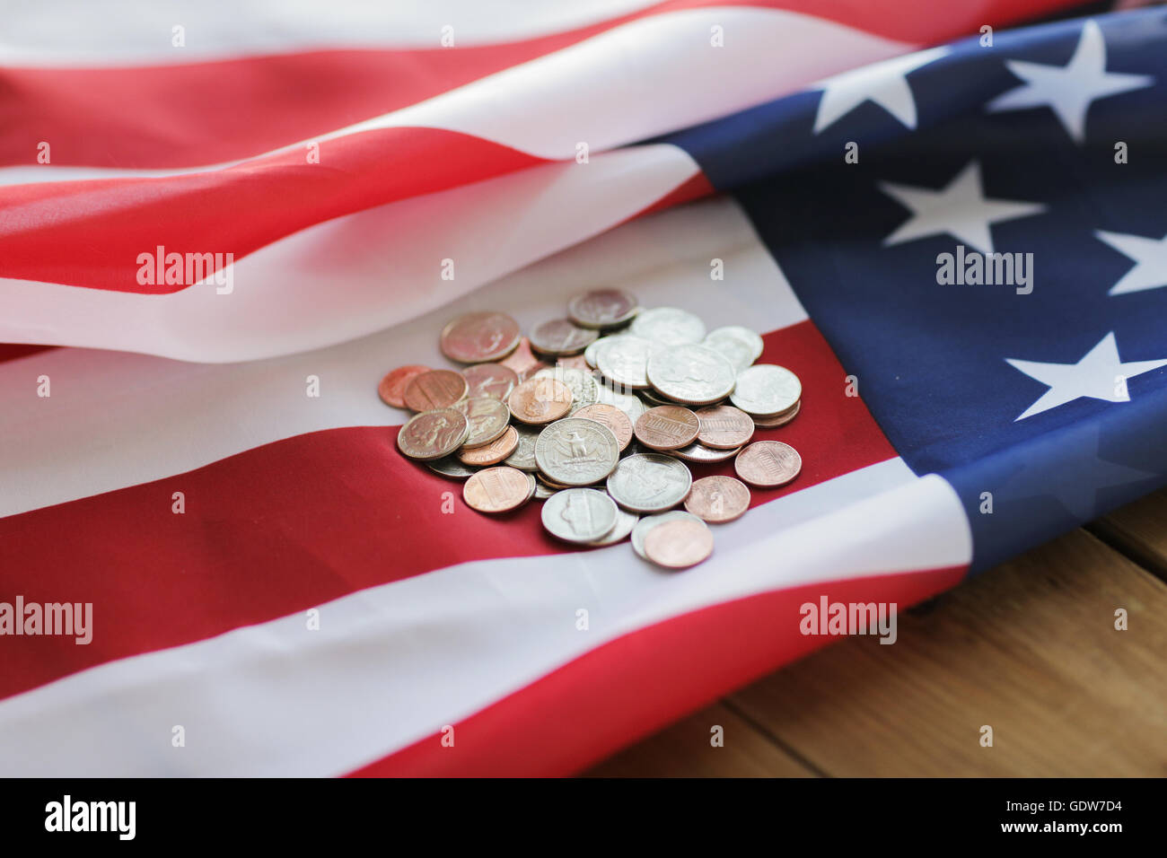 close up of american flag and money Stock Photo