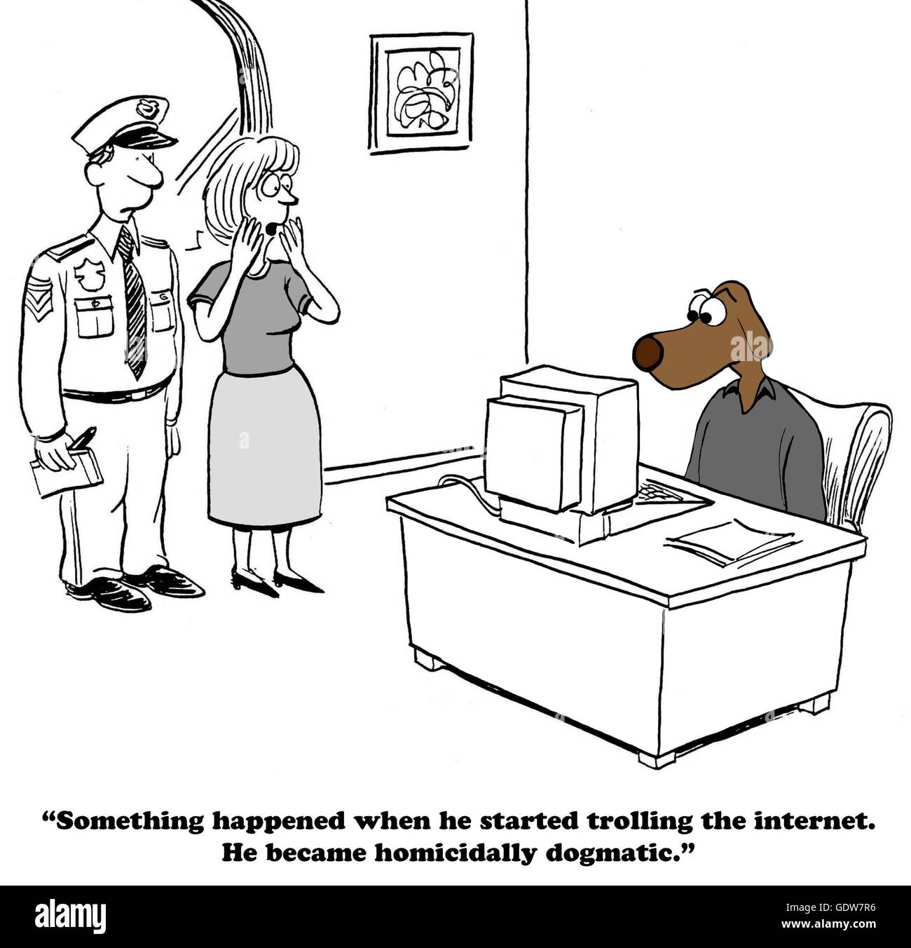 Cartoon about dogmatic behavior on the internet. Stock Photo