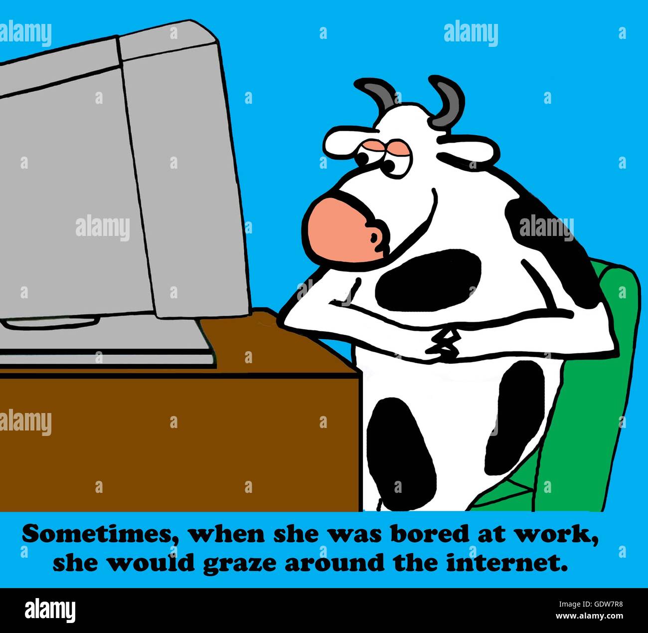 Cartoon about surfing the internet while you are supposed to be working. Stock Photo