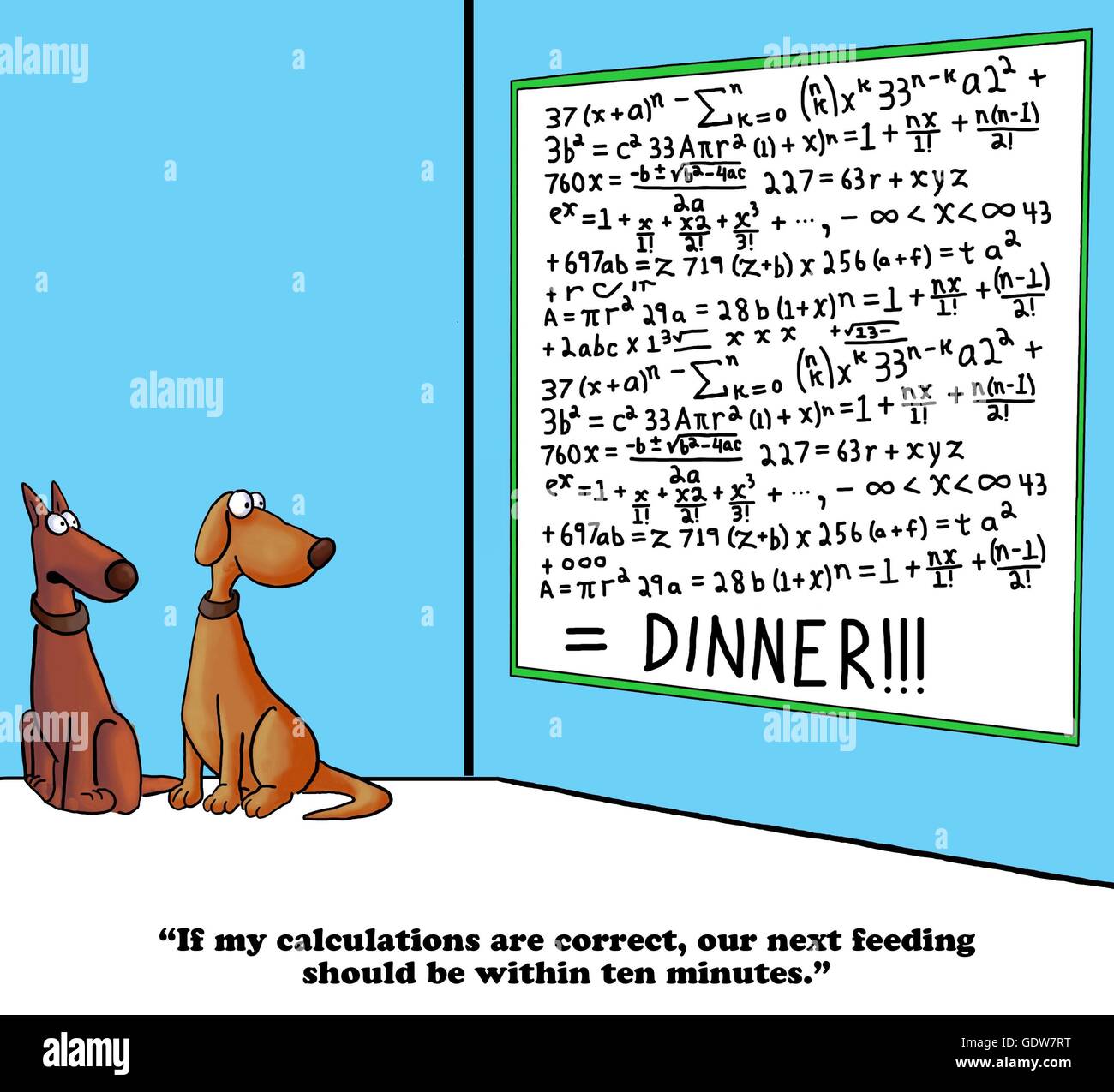 Dog cartoon about predicting dinner time. Stock Photo