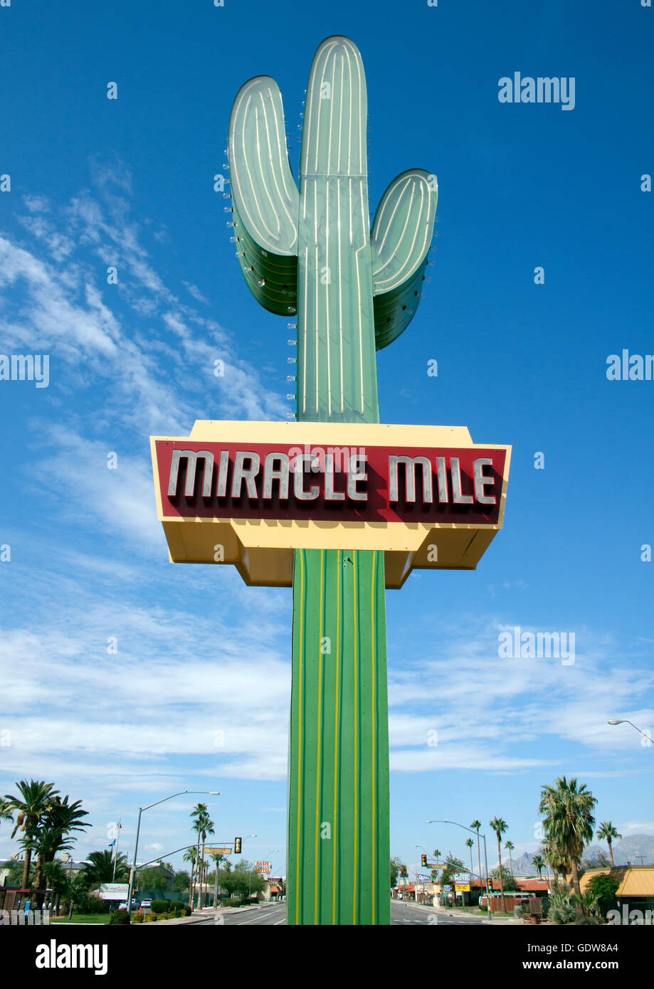 Miracle Mile neon cactus sign in downtown Tucson Arizona Stock Photo