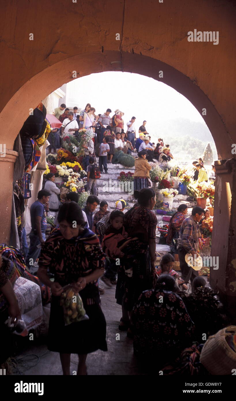 people in traditional clotes in the Village of  Chichi or Chichicastenango in Guatemala in central America. Stock Photo