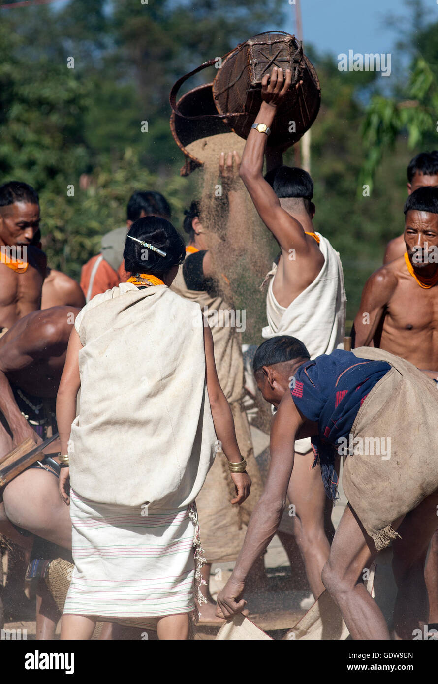 The image of Yimchungur Naga Tribe performing at Hornbill Festival, Nagaland, India Stock Photo