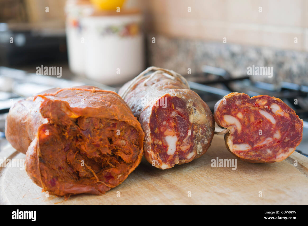 assortment of hot calabrian sausages: spicy soppressata and nduja Stock Photo