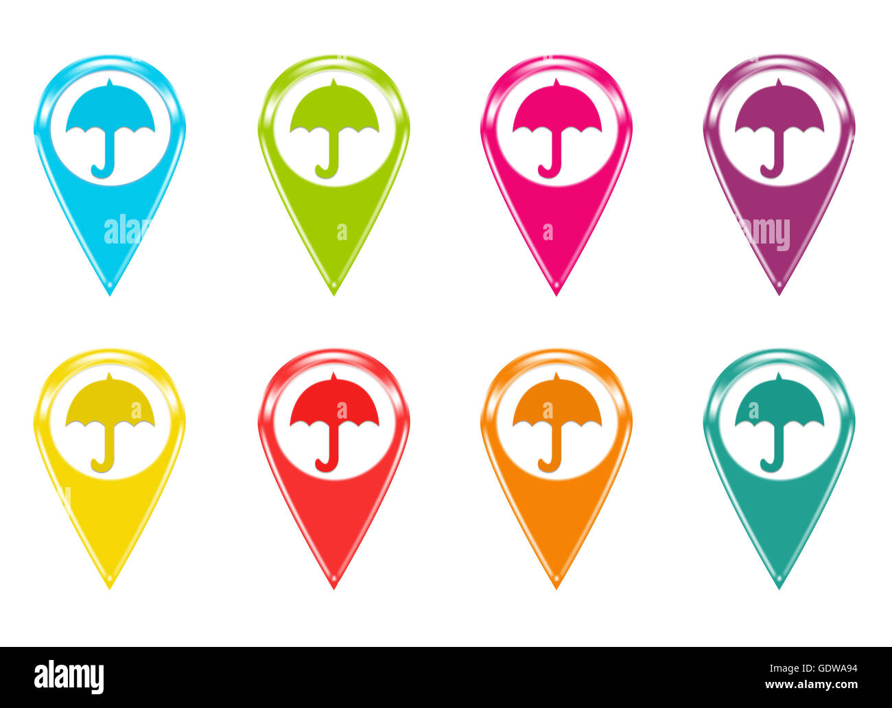 Set of colorful rounded icons for markers on maps with umbrella symbol