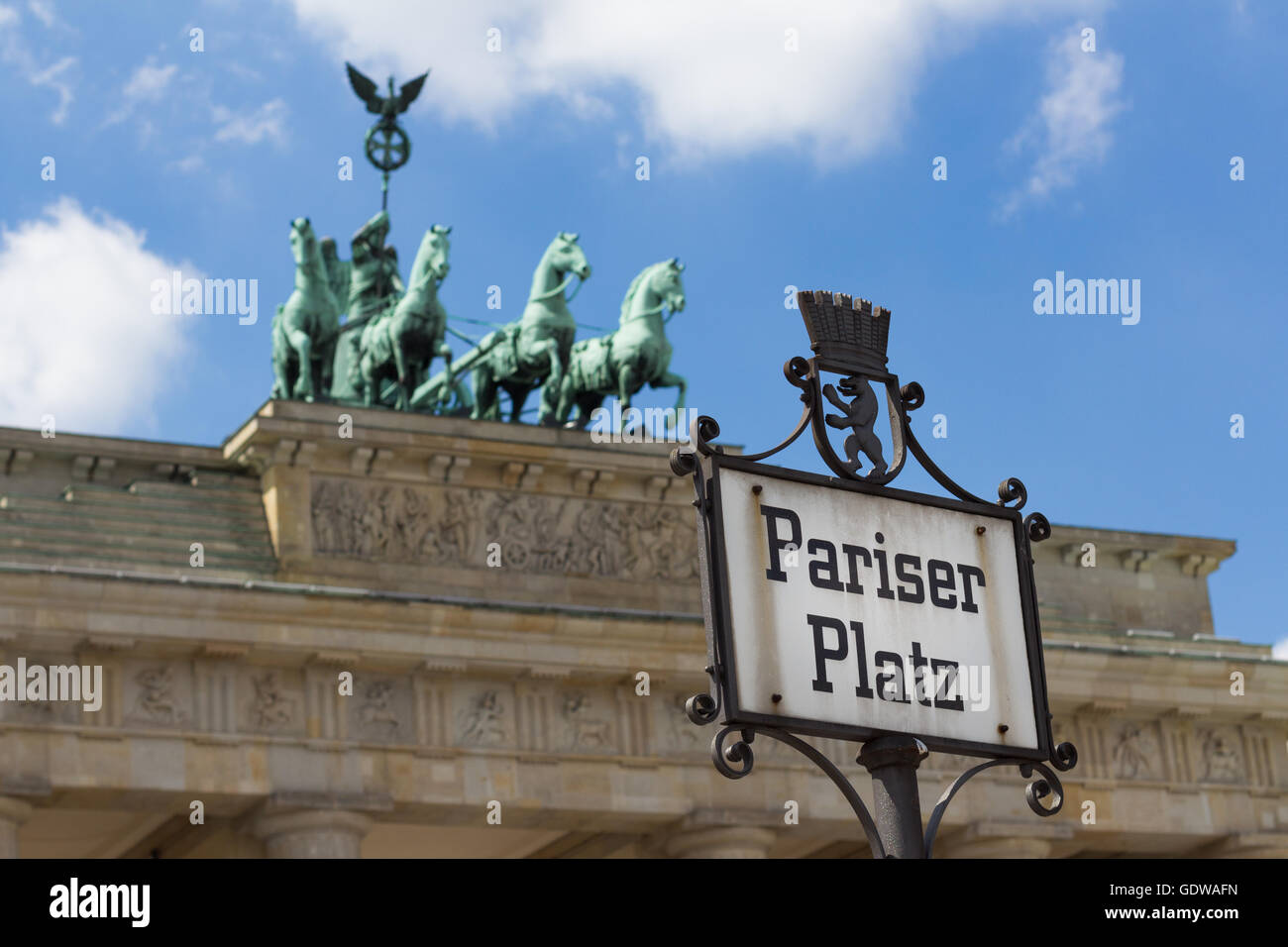 Pariser Platz street sign and brandenburg gate Stock Photo
