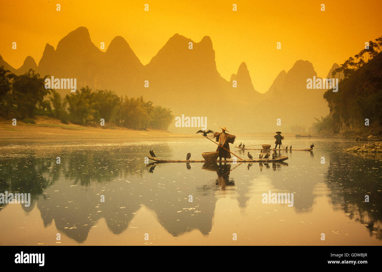 the landscape at the Li River near Yangshou near the city of  Guilin in the Province of Guangxi in china in east asia. Stock Photo