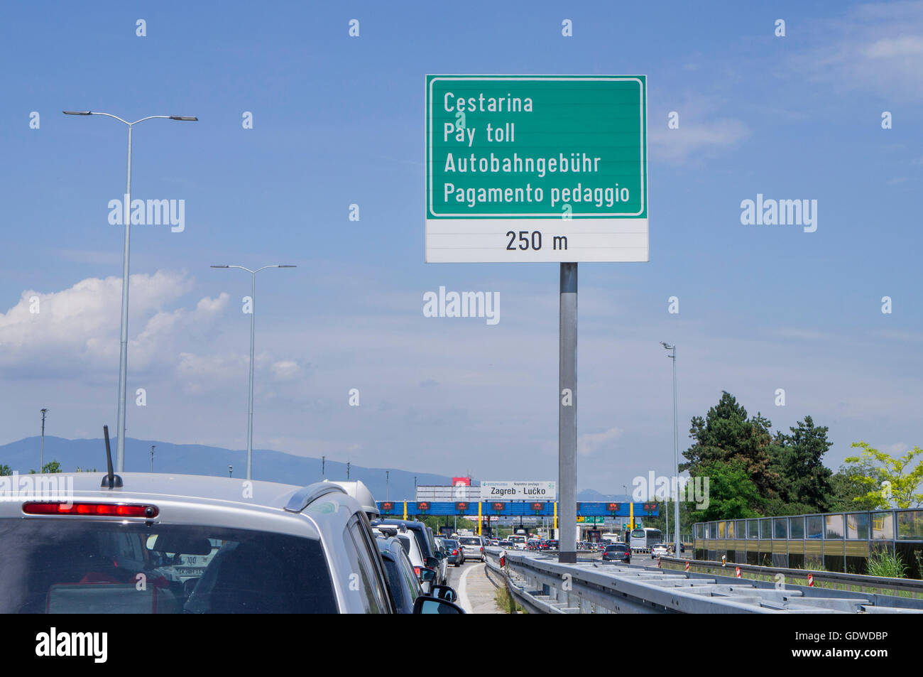 A1 motorway, highway, Zagreb/Lucko, sign Cestarina, Pay Toll, Autobahngebuhr, Pagamento pedaggio, traffic jam, m Stock Photo