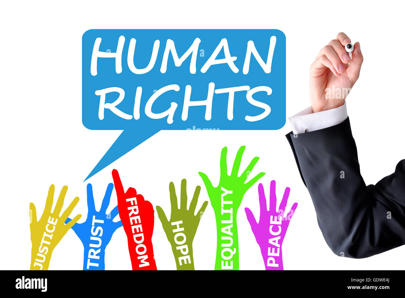 Human rights lawyer writing on white background Stock Photo