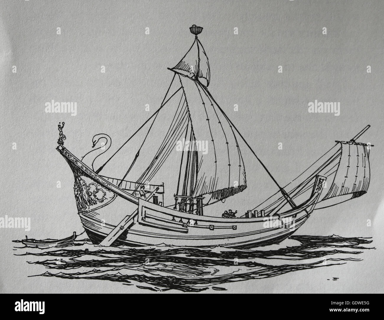 Roman Corbita. Small merchant ship. Engraving, 19th century. Stock Photo