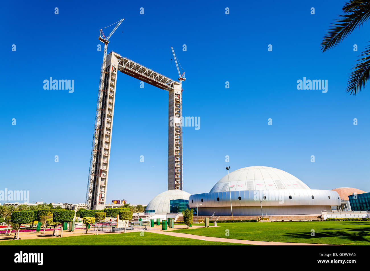 Dubai Frame under construction seen from Zabeel Park Stock Photo