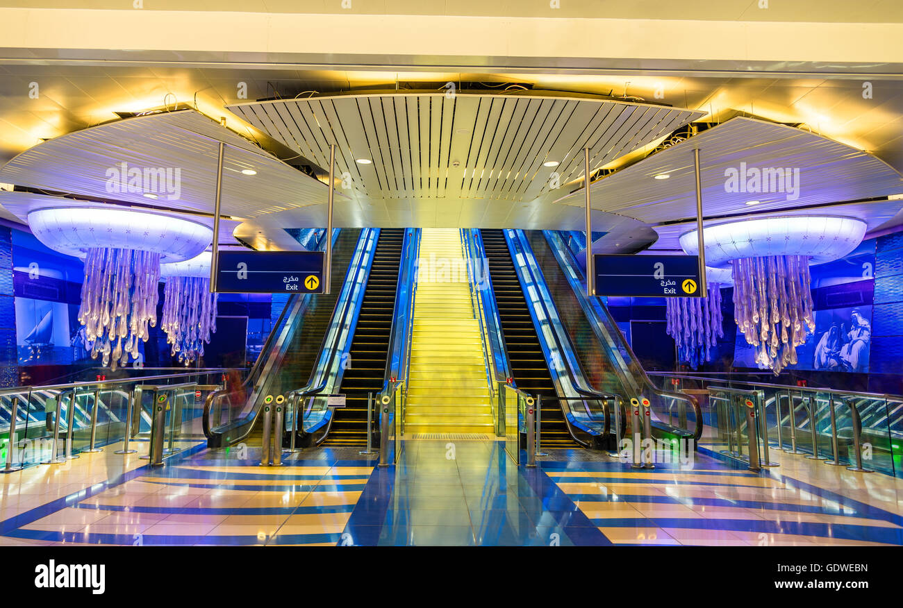 DUBAI, UAE - JANUARY 1: Interior of BurJuman metro station on Ja Stock Photo