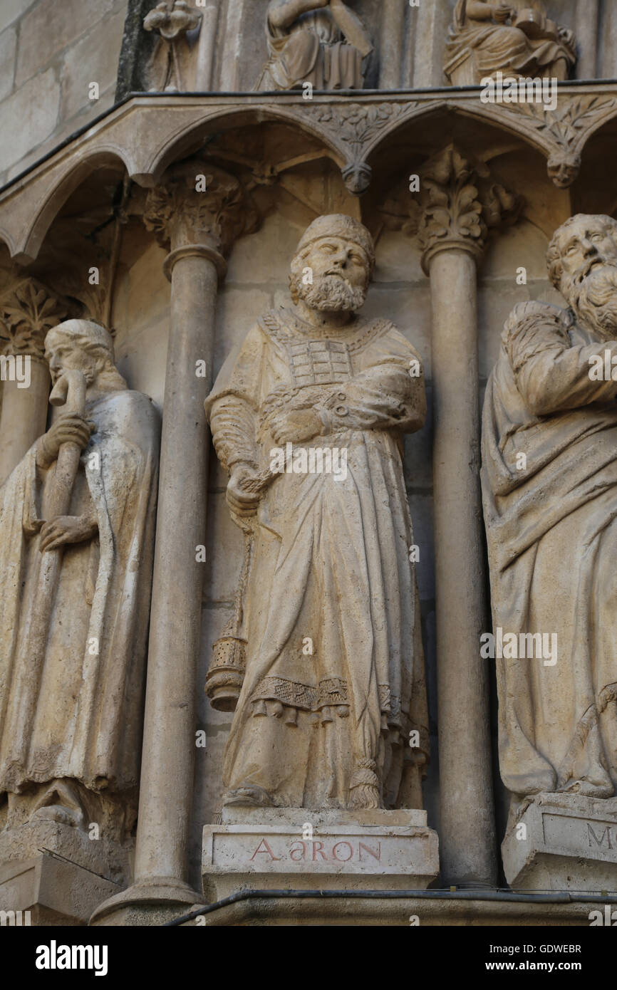 Spain. Burgos. Cathedral of Saint Mary. Gothic style. Bible figure. Prophet Aaron. Door Sarmenal. 13th century. Stock Photo