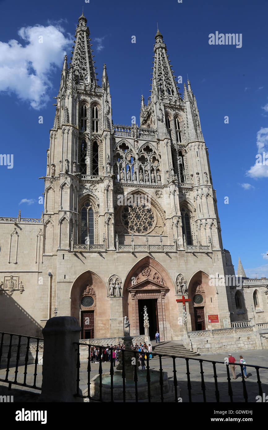 Spain. Burgos. Cathedral of Saint Mary. Gothic style. Facade of Saint Mary. Stock Photo
